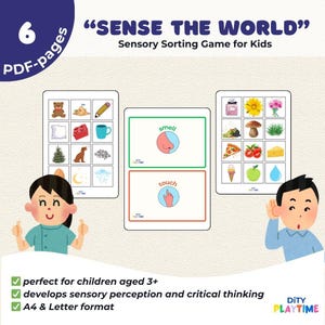 Op de afbeelding: Een printbaar zintuiglijk sorteerspel voor kinderen met de titel "De wereld voelen". Het spel bevat drie kaarten met afbeeldingen van objecten die kunnen worden gesorteerd op geur, aanraking en zicht. De kaarten zijn kleurrijk en bevatten illustraties van een neus, een hand en een oog.