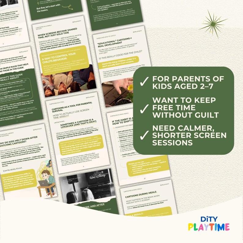 May include: A collection of printed pages with green and yellow accents, featuring text and images. The pages discuss screen time for children aged 2-7, with topics like controlling behavior and educational cartoons. A green square highlights key points: parents, free time, and shorter screen sessions.