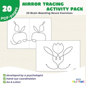May include: A printable activity pack with 20 pages of mirror tracing exercises. The pack includes 20 brain-boosting neuro exercises, developed by a psychologist, to help improve hand-eye coordination. The pack is available in A4 and Letter sizes.