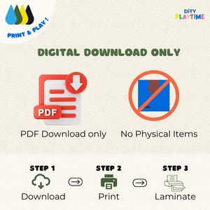 May include: Image with the text "PRINT & PLAY!" and "DITY PLAYTIME". It shows a PDF icon with a download arrow, a "No Physical Items" symbol, and steps for downloading, printing, and laminating. The text "DIGITAL DOWNLOAD ONLY" is also present.