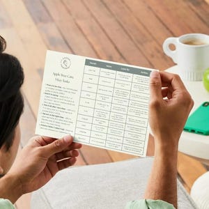 Op de afbeelding: Een rechthoekige witte informatiekaart met de titel Apple Tree Care 9 Key Tasks, voorzien van een donkergroene tabel met kolommen voor Month, Focus, Look For en Action. De kaart bevat een klein rond logo bovenaan en gedetailleerde tekstinstructies voor het seizoensgebonden onderhoud van appelbomen.