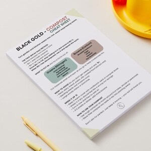 May include: A white rectangular notepad titled Black Gold Compost Cheat Sheet with black text, a green box for Greens Nitrogen, and a brown box for Browns Carbon. The sheet provides composting instructions, tips, and a list of materials to avoid.