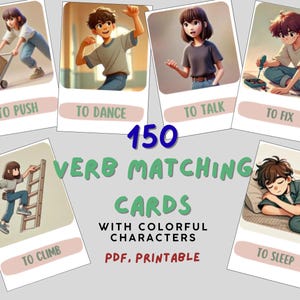 Puede incluir: Un conjunto de tarjetas imprimibles de emparejamiento de verbos con ilustraciones coloridas de personas realizando acciones como empujar, bailar, hablar, arreglar, escalar y dormir. Las tarjetas están etiquetadas con los verbos y se muestra el número 150.