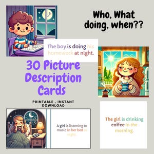 30 tarjetas de descripción de imágenes para niños / quién, qué, cuándo, dónde / enseñanza y aprendizaje de inglés, hoja de trabajo, tiempo presente continuo