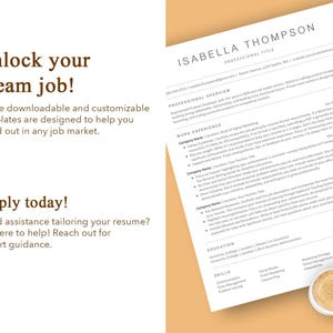 May include: A resume template with the text "Unlock your dream job!" and "Apply today!" in brown text on a beige background. The resume template is for Isabella Thompson, with a professional overview, work experience, education, and skills sections.