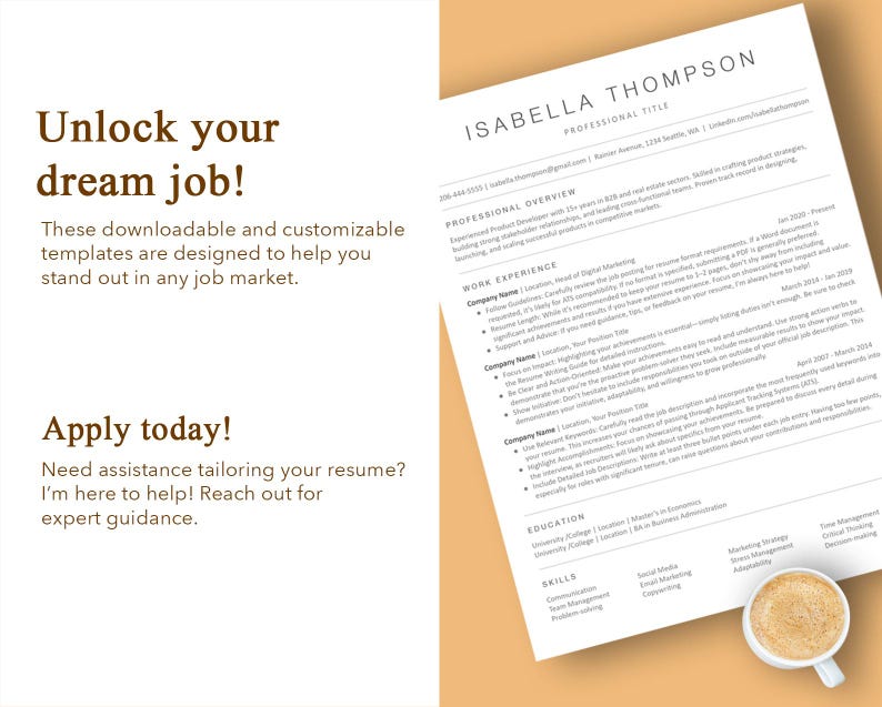 May include: A resume template with the text "Unlock your dream job!" and "Apply today!" in brown text on a beige background. The resume template is for Isabella Thompson, with a professional overview, work experience, education, and skills sections.