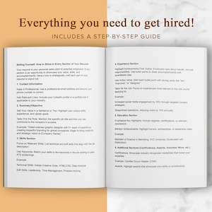 May include: A page from a guidebook on how to get hired. The page is divided into sections with headings such as "Selling Yourself", "Contact Information", "Summary/Objective", "Skills Section", "Experience Section", "Education Section", and "Additional Sections". Each section provides tips and examples on how to write a resume that will stand out to potential employers.