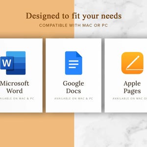 May include: Three white squares with blue, green, and orange icons representing Microsoft Word, Google Docs, and Apple Pages, respectively. The text below each icon indicates the program name and the operating systems it is compatible with.