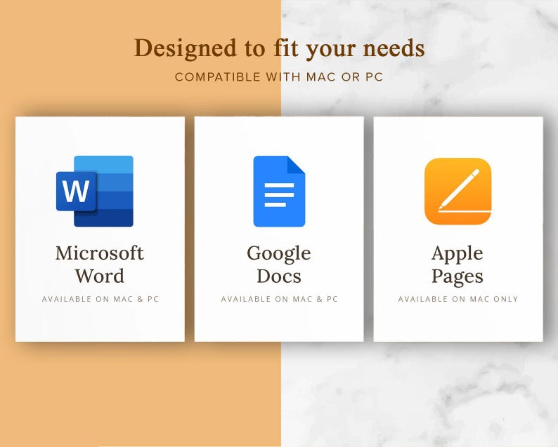 May include: Three white squares with blue, green, and orange icons representing Microsoft Word, Google Docs, and Apple Pages, respectively. The text below each icon indicates the program name and the operating systems it is compatible with.