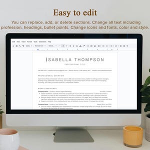 May include: A computer screen displaying a resume template with the name "SABELLA THOMPSON" and the title "PROFESSIONAL TITLE". The resume is editable and includes sections for professional overview, work experience, and skills.