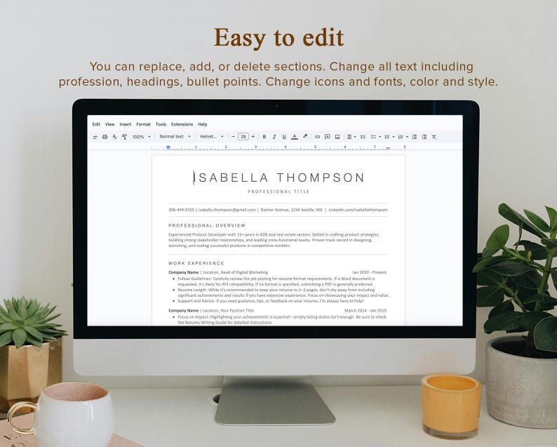 May include: A computer screen displaying a resume template with the name "SABELLA THOMPSON" and the title "PROFESSIONAL TITLE". The resume is editable and includes sections for professional overview, work experience, and skills.