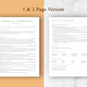 May include: A two-page resume template with the name Isabella Thompson at the top of each page. The resume includes sections for professional overview, work experience, education, professional skills, technical skills, and professional development.