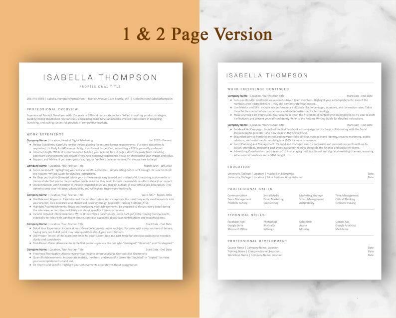 May include: A two-page resume template with the name Isabella Thompson at the top of each page. The resume includes sections for professional overview, work experience, education, professional skills, technical skills, and professional development.