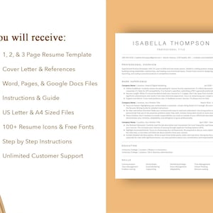 May include: A light brown background with a white text box containing a list of items you will receive when you purchase a resume template. The list includes: 1, 2, & 3 Page Resume Template, Cover Letter & References, Word, Pages, & Google Docs Files, Instructions & Guide, US Letter & A4 Sized Files, 100+ Resume Icons & Free Fonts, Step by Step Instructions, Unlimited Customer Support. The right side of the image shows a sample resume with the name Isabella Thompson and a professional title.