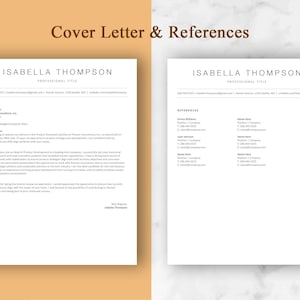 May include: A black and white cover letter and references page with the name Isabella Thompson and the title "Professional Title". The cover letter includes a brief introduction, body, and closing. The references page lists the names, titles, companies, phone numbers, and email addresses of three references.