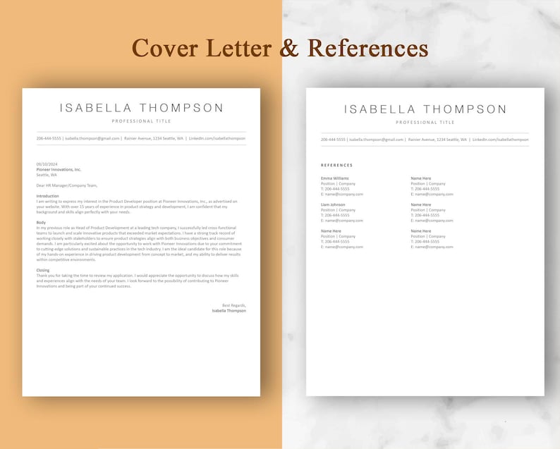 May include: A black and white cover letter and references page with the name Isabella Thompson and the title "Professional Title". The cover letter includes a brief introduction, body, and closing. The references page lists the names, titles, companies, phone numbers, and email addresses of three references.