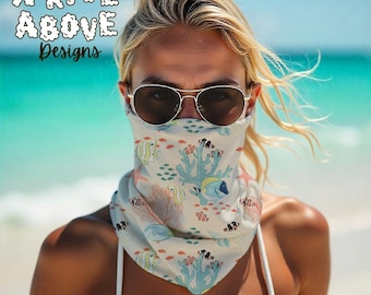 Neck Gaiter, Tan Underwater Salt Fish Corals Shells Print, Face Mask, Headband, Scarf, Fishing Sun UV Protection