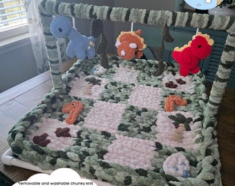 Dinosaur Baby Play Mat Handmade Chunky knit chrochet Plushies Washable Removable mat Collapsible frame for easy storage