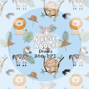 May include: A light blue background with a repeating pattern of cartoon safari animals, including lions, zebras, monkeys, and rhinos. The text "A Rise Above Designs 300 DPI" is in the center of the image.