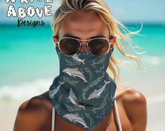 Dolphins Seaweed Neck Gaiter, Marine-inspired Lightweight Scarf, Ocean Theme Face Cover, Beach Lover Neck Tube, Sea Life Headband