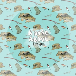 May include: A seamless pattern featuring a turquoise background with a variety of fishing-themed illustrations. The pattern includes fish, fishing rods, fishing lures, and fishing hats. The text "A Rise Above Designs" is centered in the pattern.