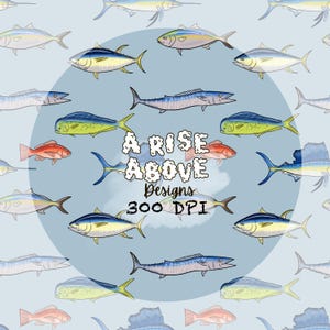 May include: A light blue background features a repeating pattern of various fish illustrations in shades of blue, yellow, and red. The text "A RISE ABOVE Designs 300 DPI" is centered within a light blue circle.