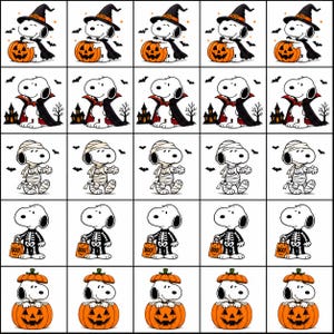 May include: A grid of twenty-five illustrations featuring Snoopy in various Halloween costumes. The characters include Snoopy as a witch with a pumpkin, a vampire in front of a haunted house, a mummy, a skeleton holding a bag labelled BOO, and inside a pumpkin.