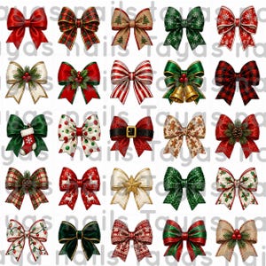 Op de afbeelding: Een verzameling van vijfentwintig decoratieve strikken gerangschikt in een raster van vijf bij vijf. De strikken hebben diverse kerstthema-patronen, waaronder rode, groene, geruite, gestreepte, gestippelde en glitterafwerkingen met details.
