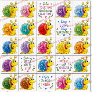 May include: A sheet of nail decals featuring cartoon snails with colourful shells in shades of green, pink, purple, blue, orange, and red, interspersed with inspirational text including Take your time, Keep going, Little by little, and Enjoy the little things.