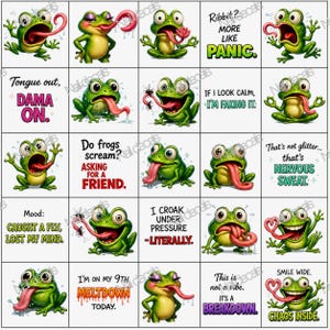 Puede incluir: Una hoja de calcomanías para uñas con varias ranas de dibujos animados en verde con ojos grandes y lenguas largas. Los diseños incluyen textos como Ribbit? More like panic, Tongue out, Dama on, If I look calm, I'm faking it, Do frogs scream?, I croak under pressure y Chaos inside.