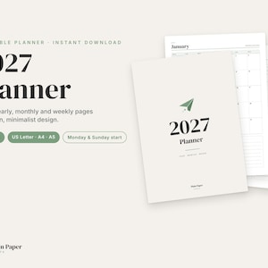 May include: A 2027 planner with a cream-colored cover featuring a green paper airplane icon and black text. The set includes dated yearly, monthly, and weekly pages in US Letter, A4, and A5 sizes, totaling 71 pages with Monday and Sunday start options.