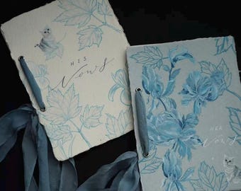 Libros de votos matrimoniales pintados a mano con gato y flores azules – Ilustrados por un artista, con cinta de seda pura, recuerdo artesanal para él y para ella
