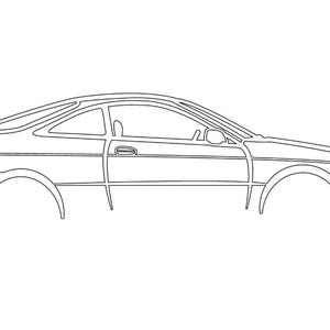 May include: A black and white line drawing of a sports car, viewed from the side. The car has a spoiler on the back and a rounded front end.