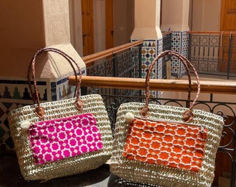 Handmade Woven Moroccan Market Basket with Leather Handles