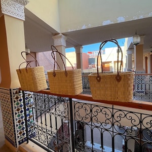 Handmade Moroccan Straw Basket: Leather Handle Market Tote image 1