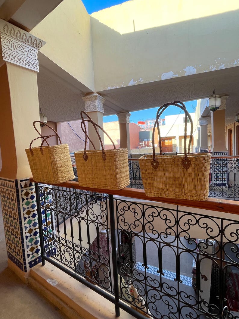 Handmade Moroccan Straw Basket: Leather Handle Market Tote image 1