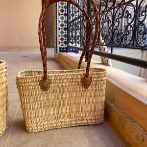 Handmade Moroccan Straw Basket: Leather Handle Market Tote image 4