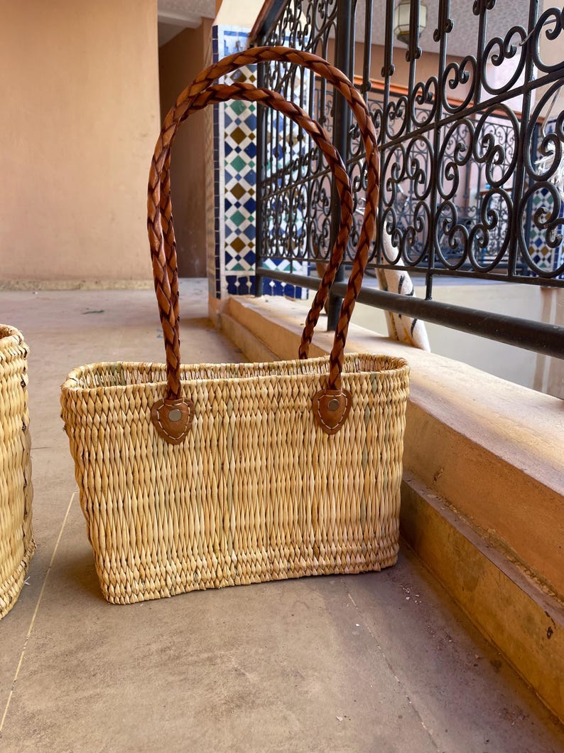 Handmade Moroccan Straw Basket: Leather Handle Market Tote image 4