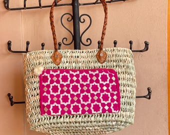 Handmade Moroccan Straw Basket: Leather Handle Market Tote