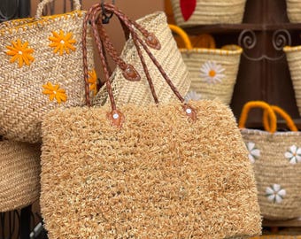 Handmade Moroccan Raffia Tote Bag: Braided Leather Handles