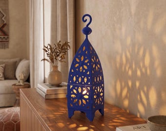 Handcrafted Blue Iron Moroccan Lantern, Boho Table Decor, Intricate Cut-Out Metal Candle Holder
