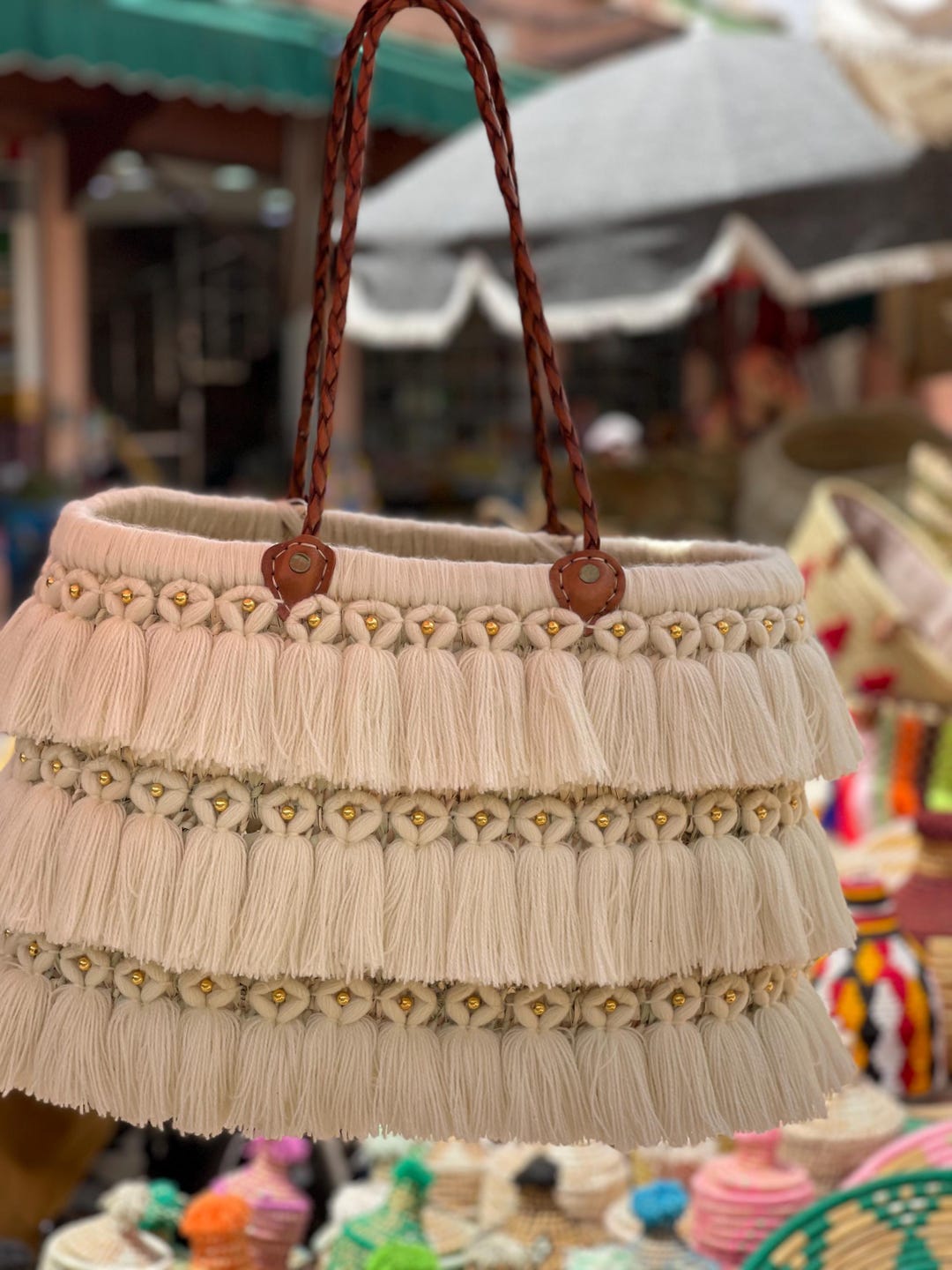 Moroccan Handmade Straw Tote Bag With Cream Tassels – Boho Summer ...