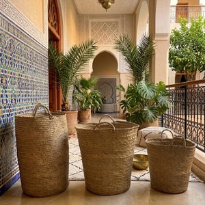 May include: Three cylindrical woven baskets made of natural tan fibres, each featuring two sturdy handles at the top. The baskets are arranged in a row, varying in height from tallest to shortest, with a textured, straw-like appearance throughout.