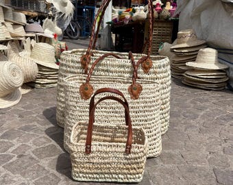 Handmade Moroccan Straw Basket Set: Leather Handle Shopping Bags