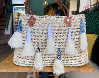 Moroccan Handwoven Palm Leaf Basket with Decorative Wool Tassels  Boho Summer Bag