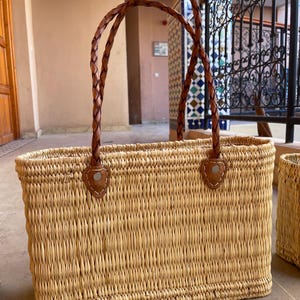 Handmade Moroccan Straw Basket: Leather Handle Market Tote image 3