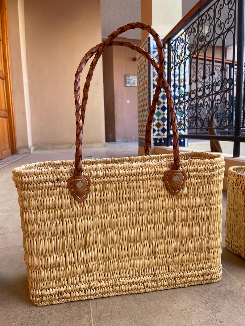Handmade Moroccan Straw Basket: Leather Handle Market Tote image 3