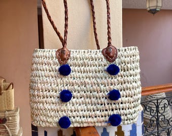 Handwoven Straw Tote Bag: Moroccan palm leaf Market Basket with Leather Handles