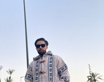 Handmade Moroccan Berber cotton Hoodie  Striped Boho Jacket