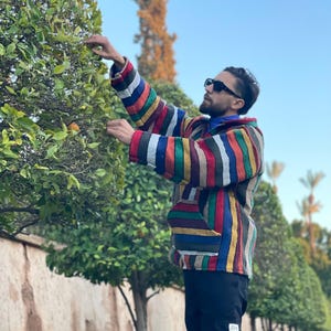 May include: A multi-coloured striped jacket with a hood, featuring vertical stripes in various colours. The jacket is worn with black trousers. The person is wearing sunglasses and is reaching towards a tree with green leaves.